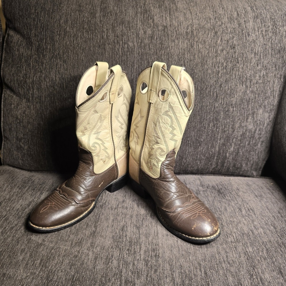 Old West Kids Brown Cream Leather Western Cowboy Boots Size 13.5
